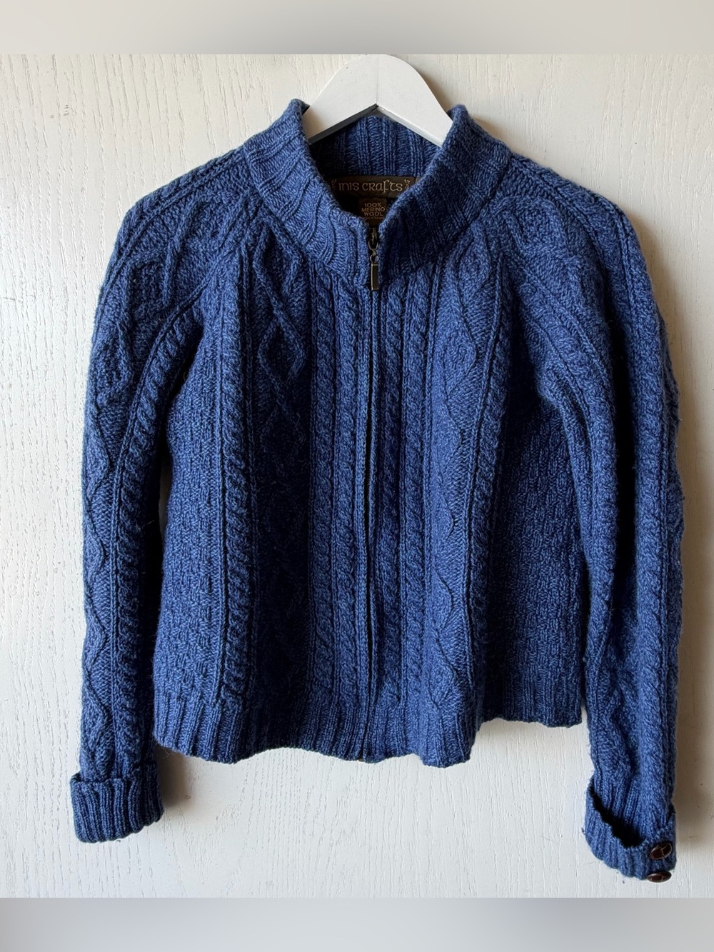 Women's Inis Crafts 100% Merino Wool Full Zip Cardigan Cable Knit Sweater SZ M